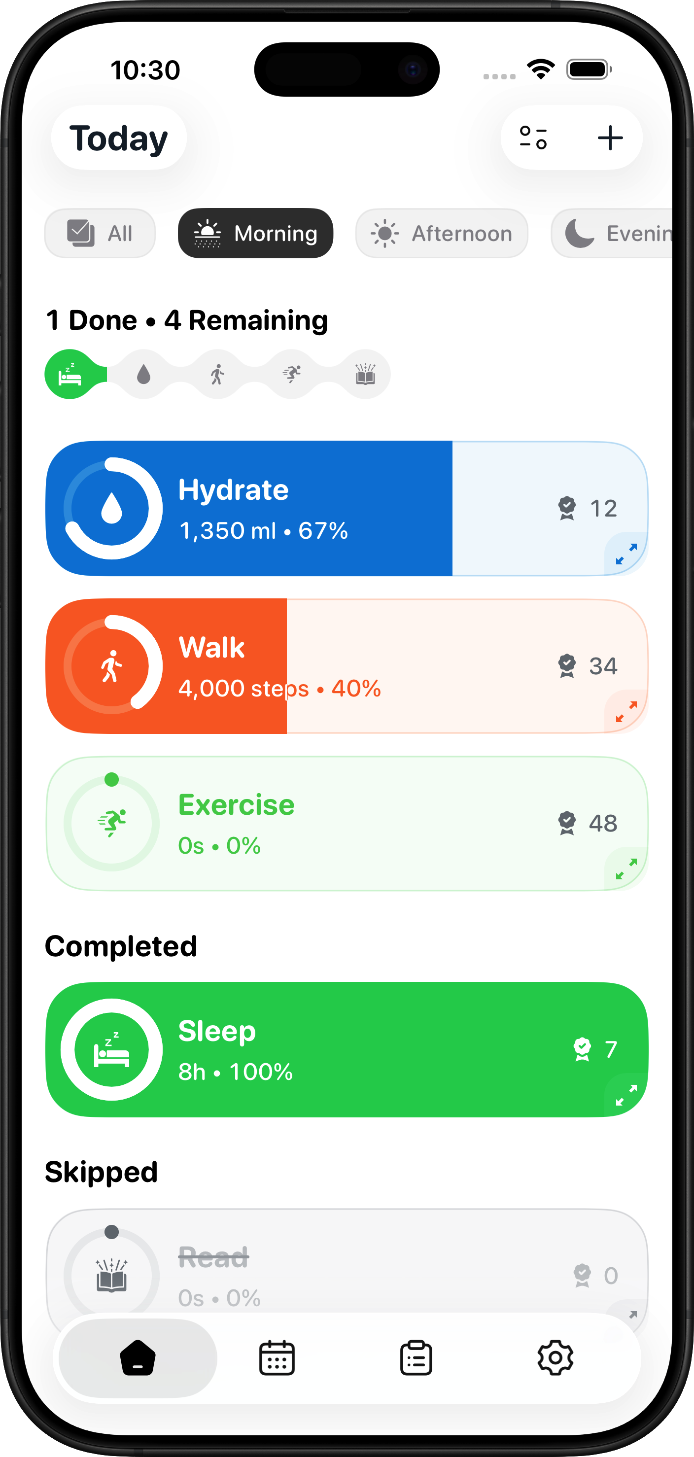 HabitView Today screen showing daily habits with progress tracking